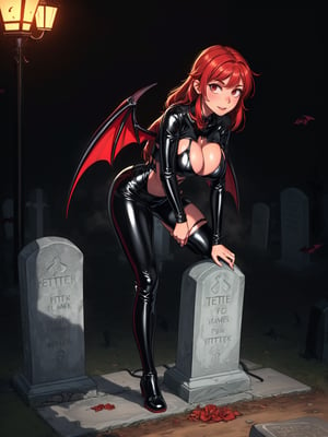 {((1woman/vampire))}, {((wearing erotic clothing made of black latex with red parts, extremely tight and tight on the body,)), ((she has large bat wings)), ((absurdly large and firm breasts)), ((looking at the viewer, messy red hair with bangs)), she is ((doing sensual pose, [leaning against a high tombstone|leaning against a tombstone|sitting on a high tombstone]:1.2)), ((in a cemetery, it's daytime, strong fog, bright light, light fixtures stuck in stones from erased tombstones)), (((full body))), 16k, UHD, ((Better quality, better resolution, better detail))