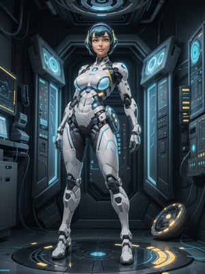 A woman, wearing mecha suit+robotic suit+cybernetizo suit, white+parts in blue+yellow lights, very tight costume on the body, ((gigantic breasts)), blue hair, very short hair, hair with bangs in front of the eyes, is looking at the viewer, (((action pose with interaction and leaning on anything+object+leaning against))) in an dungeon, with machines, computers on the walls, control panels, teleportation with interdimensional portal, slimes, aliens with cybernetic armor, ((full body):1.5), 16k, UHD, maximum quality, maximum resolution, ultra-realistic, ultra-detailed, perfect_hands 
