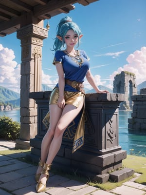 Solo woman, blue T-shirt with Golden parts, short white skirt with Golden props, ((Hyrule warrior costume)), gigantic breasts, mohawk hair, blue hair, messy hair, hair with ponytail, looking directly at the viewer, she is, on a mountain, with many monsters, robots, large ancient machines, many stones, 1water, large pillars, stone altars, zelda tears of the kingdom, 16K, UHD, best possible quality, ultra detailed, best possible resolution, Unreal Engine 5, professional photography, she is, (((iInteracting and leaning on anything+object+on something+leaning against+sensual pose)))+better_hands, ((full body)), More detail