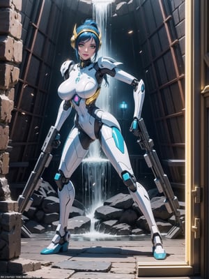 Solo female, ((wearing mecha suit+robotic suit completely white, with blue parts, more yellow lights, suit with attached weapons, gigantic breasts, wearing cybernetic helmet with visor)), mohawk hair, blue hair, messy hair, hair with ponytail, looking directly at the viewer, she is, in a dungeon, with a waterfall, large stone altars, stone structures, machines, robots, large altars of ancient gods, figurines, Super Metroid, ultra technological, Zelda, Final Fantasy,  world_of_warcraft, UHD, best possible quality, ultra detailed, best possible resolution, Unreal Engine 5, professional photography, she, (((Sensual pose with interaction and leaning on anything+object+on something+leaning against))), better_hands, ((full body)), More detail