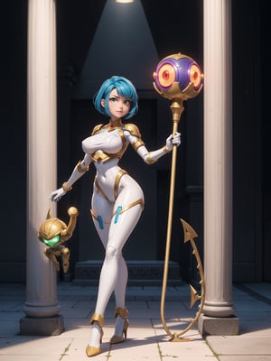 A woman, wearing mecha suit+mecha armor+robotic armor, white suit with parts in red+lights, very tight and tight suit on the body, gigantic breasts, short hair, blue hair, C hair fastened with fastener, hair with bangs in front of eyes, lizo hair, (((looking at the viewer, sensual pose+Interacting+leaning on anything+object+leaning against))) in an Egyptian temple+super metroid, with large structures, technological altars, mechanical structures, full body image, 16k, UHD, Unreal Engine 5, quality max, max resolution, ultra-realistic, ultra-detailed, maximum sharpness, ((perfect_hands, perfect_legs)), Goodhands-beta2, ((ancient Egypt+mecha + super_metroid style)), ((full body image))