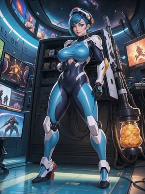 a woman, wearing an all-white mecha suit with blue parts+cybernetic armor+robotic suit, gigantic breasts, wearing a helmet on her head with a visor, blue hair, short hair, mohawk hair, hair with bangs in front of her eyes, ((((looking directly at the viewer, sensual pose + Interacting + leaning on anything + object + leaning against)))), in a space aircraft, with many machines, large structures, computers, windows, elevators, light pipes, robots, 16K, UHD, (full body:1.5), unreal engine 5, super metroid, mecha, quality max, max resolution, ultra-realistic, ultra-detailed, maximum sharpness, perfect_hands, better_hands, more detail,