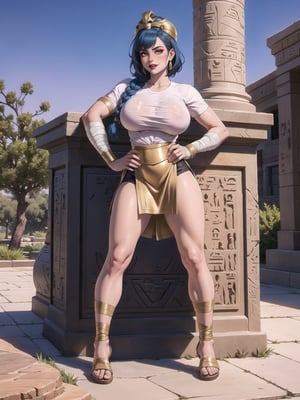A woman, Egyptian costume with white t-shirt with gold armor, very short black skirt, brown leather sandals, ((body bandaged with bandages)), very tight suit and clinging to the body. Gigantic breasts, wearing a helmet on her head, very short hair, blue hair, hair with 1braid, hair with bangs in front of the eyes. Looking directly at the viewer, in a desert oasis, at night, with large stones, large pillars, figurines of ancient gods, ((sensual pose with interaction and leaning on anything + object+on something + leaning against)) + present in a desert oasis, 16K, UHD, Unreal Engine 5, (full body:1.5), quality max, max resolution, ultra-realistic, maximum sharpness, More detail,  perfect_legs, perfect_thighs, perfect_feet, perfect_hands, better_hands. (Ancient Egypt style)