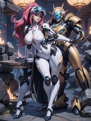 Solo female, ((wearing mecha suit+robotic suit completely white, with blue parts, more yellow lights, suit with attached weapons, gigantic breasts, wearing cybernetic helmet with visor)), mohawk hair, blue hair, messy hair, hair with ponytail, looking directly at the viewer, she is, in a dungeon, with a waterfall, large stone altars, stone structures, machines, robots, large altars of ancient gods, figurines, Super Metroid, ultra technological, Zelda, Final Fantasy, worldofwarcraft, (full body:1.5), 16K, UHD, Unreal Engine 5, quality max, max resolution, maximum sharpness, (((sensual pose with interaction and leaning on anything+object+on something+leaning against))) + ((perfect_thighs, perfect_legs, perfect_feet)), better_hands, More detail, 