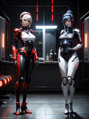 A woman, cybernetic + mecha suit, white and red suit, suit with lights, very tight suit, ((robotic body parts)), gigantic breasts, blue hair, short hair with a mohawk and ponytail, ((cybernetic helmet on her head)), looking at the viewer, ((posing with interaction and leaning on [something|an object])), in a power plant with computers, radiation machines, structures, robots, ((full body):1.5), 16k, UHD, best possible quality, ultra detailed, best possible resolution, Unreal Engine 5, professional photography, hand and fingers well done, well-structured fingers and hands, well-detailed fingers, well-detailed hand, perfect_hands, perfect, ((cyberpunk))