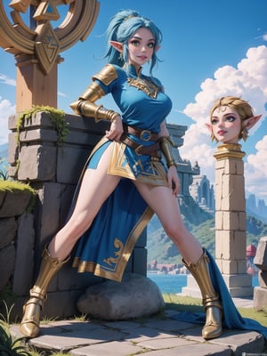 Solo woman, blue T-shirt with Golden parts, short white skirt with Golden props, ((Hyrule warrior costume)), gigantic breasts, mohawk hair, blue hair, messy hair, hair with ponytail, looking directly at the viewer, she is, on a mountain, with many monsters, robots, large ancient machines, many stones, 1water, large pillars, stone altars, ((zelda tears of the kingdom)), 16K, UHD, best possible quality, ultra detailed, best possible resolution, Unreal Engine 5, professional photography, she is, (((iInteracting and leaning on anything+object+on something+leaning against+sensual pose)))+better_hands, ((full body)), More detail