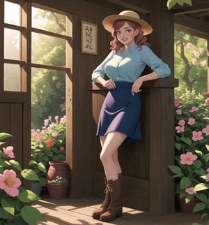 A masterpiece with realistic and adventure styles, rendered in ultra-detailed 4K. | A 30-year-old woman with pink, wavy, curly hair is wearing a pink linen blouse, a blue linen dress and a pink linen skirt. She also wears brown leather boots and a straw hat. She has red eyes, and is smiling and showing her teeth, wearing red lipstick, looking directly at the viewer. She is in a farmhouse, a cozy, rural place with red brick walls, wooden windows, a cellar covered in vines, and a garden full of colorful flowers. Sunlight enters through the windows, illuminating the room and creating a warm and cozy atmosphere. The atmosphere is tranquil and peaceful, with the sound of birds chirping and the gentle wind passing through the trees. | The image highlights the figure of the woman and the rural setting. Sunlight highlights the details of the farmhouse and the natural elements of the garden. | Soft, dramatic lighting effects create a warm, cozy atmosphere, while detailed textures on clothing, skin, and natural elements add realism to the image. | A 30-year-old woman in a warm, rural setting, exploring themes of adventure, nature and beauty. | (((((The image reveals a full-body shot as she assumes a sensual pose, engagingly leaning against a structure within the scene in an exciting manner. She takes on a sensual pose as she interacts, boldly leaning on a structure, leaning back in an exciting way.))))). | ((full-body shot)), ((perfect pose)), ((perfect fingers, better hands, perfect hands)), ((perfect legs, perfect feet)), ((huge breasts)), ((perfect design)), ((perfect composition)), ((very detailed scene, very detailed background, perfect layout, correct imperfections)), More Detail, Enhance