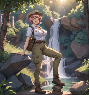 An ultra-detailed 16K masterpiece with adventure and fantasy styles, rendered in ultra-high resolution with realistic details. | A young 23-year-old woman with huge breasts wearing an archaeologist outfit consisting of a khaki shirt, beige cargo pants, brown hiking boots, a brown explorer's hat, a utility belt with digging tools, and a leather backpack brown. Her short pink hair, with a modern and stylish cut, has shiny highlights that reflect the sunlight. Its yellow eyes look at the viewer with a seductive expression, smiling and showing its teeth, with a reddened face. Located in an ancient temple with a waterfall in the background and rocks around. Sunlight filters through the trees, creating a magical atmosphere. Stone structures, marble columns and ancient sculptures adorn the scene. | The image highlights the imposing figure of the young archaeologist and the architectural elements of the temple. The stone structures, marble columns and ancient sculptures, along with the archaeologist, waterfall, rocks and sunlight, create a magical and adventurous environment. The sun's rays filtering through the trees create dramatic shadows and highlight the details of the scene. | Soft, natural lighting effects create a relaxing and mysterious atmosphere, while detailed textures on structures and costumes add realism to the image. | A relaxing and adventurous scene of a young archaeologist in an ancient temple, fusing elements of adventure and fantasy. |(((The image reveals a full-body shot as the young woman assumes a sensual pose, engagingly leaning against a structure within the scene in an exciting manner. She takes on a sensual pose as she interacts, boldly leaning on a structure, leaning back and boldly throwing herself onto the structure, reclining back in an exhilarating way.))). | ((((full-body shot)))), ((perfect pose)), ((perfect arms):1.2), ((perfect limbs, perfect fingers, better hands, perfect hands, hands)), ((perfect legs, perfect feet):1.2), the young woman has ((perfect breasts, firm breasts, saggy breasts, huge breasts)), ((perfect design)), ((perfect composition)), ((very detailed scene, very detailed background, perfect layout, correct imperfections)), Enhance, Ultra details, More Detail, ((poakl))