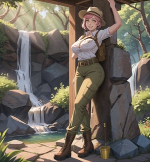 An ultra-detailed 16K masterpiece with adventure and fantasy styles, rendered in ultra-high resolution with realistic details. | A young 23-year-old woman with huge breasts wearing an archaeologist outfit consisting of a khaki shirt, beige cargo pants, brown hiking boots, a brown explorer's hat, a utility belt with digging tools, and a leather backpack brown. Her short pink hair, with a modern and stylish cut, has shiny highlights that reflect the sunlight. Its yellow eyes look at the viewer with a seductive expression, smiling and showing its teeth, with a reddened face. Located in an ancient temple with a waterfall in the background and rocks around. Sunlight filters through the trees, creating a magical atmosphere. Stone structures, marble columns and ancient sculptures adorn the scene. | The image highlights the imposing figure of the young archaeologist and the architectural elements of the temple. The stone structures, marble columns and ancient sculptures, along with the archaeologist, waterfall, rocks and sunlight, create a magical and adventurous environment. The sun's rays filtering through the trees create dramatic shadows and highlight the details of the scene. | Soft, natural lighting effects create a relaxing and mysterious atmosphere, while detailed textures on structures and costumes add realism to the image. | A relaxing and adventurous scene of a young archaeologist in an ancient temple, fusing elements of adventure and fantasy. |(((The image reveals a full-body shot as the young woman assumes a sensual pose, engagingly leaning against a structure within the scene in an exciting manner. She takes on a sensual pose as she interacts, boldly leaning on a structure, leaning back and boldly throwing herself onto the structure, reclining back in an exhilarating way.))). | ((((full-body shot)))), ((perfect pose)), ((perfect arms):1.2), ((perfect limbs, perfect fingers, better hands, perfect hands, hands)), ((perfect legs, perfect feet):1.2), the young woman has ((perfect breasts, firm breasts, saggy breasts, huge breasts)), ((perfect design)), ((perfect composition)), ((very detailed scene, very detailed background, perfect layout, correct imperfections)), Enhance, Ultra details, More Detail, ((poakl))