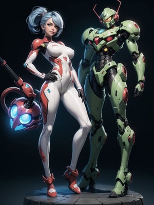 A woman, wearing mecha+mecha armor+robotic armor, white suit with red parts+lights, tight and tight suit on the body, gigantic breasts, short hair, blue hair, c hair fastened, hair with bangs in front of the eyes, hair slick, (((looking at the viewer, sensual pose+Interacting+leaning on anything+object+leaning against))) in a very old alien tomb,  with large structures, technological altars, mechanical structures, full_body, 16K, UHD, unreal engine 5, quality max, max resolution, ultra-realistic, ultra-detailed, maximum sharpness, ((perfect_hands, perfect_legs)), Goodhands-beta2, ((mecha+ style super_metroid)), (full_body:1.4)