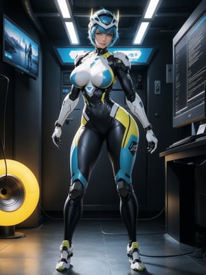 A woman, wearing mecha suit+robotic suit+cybernetizo suit, white+parts in blue+yellow lights, costume very tight on the body, ((gigantic breasts, helmet on the head)), blue hair, very short hair, hair with bangs in front of the eyes, is looking at the viewer, (((sensual pose with interaction+leaning on anything+place+object))) in an alien dungeon,  with futuristic machines, computers on the walls, control panels, slimes, aliens with cybernetic armor, ((full body):1.5), 16k, UHD, maximum quality, maximum resolution, ultra-realistic, ultra-detailed, (perfect_hands:1) , Furtastic_Detailer, Goodhands-beta2, 