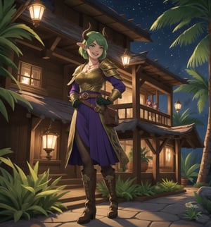 Image in 8K resolution with Fantasy, Concept Art, Illustration, and Magic Realism styles. | Jane, a 34-year-old demon woman, is positioned in a tropical tropical tropical forest at night. She wears a feminine demonic warrior outfit, consisting of black and purple armor with gold details, tall boots, and gloves. Her green hair is in a short cut with a large bang, while her green eyes look happily, revealing a smile that shows her sharp teeth. She also has accessories such as a belt with bags, a necklace with a star-shaped pendant, bracelets with spikes, and earrings in the shape of horns. | The composition of the image highlights Jane's imposing figure and the architectural elements of the forest, such as wooden structures, rock formations, metal structures, trees with houses at the top, suspended bridges, stone sculptures in the shape of animals, and lit torches. The luminescent plants create dramatic shadows and emphasize the details of the scene. | The soft and mysterious lighting effects create an enchanting and supernatural atmosphere, while rough and detailed textures on the armor, accessories, and architectural elements add realism to the image. | A cheerful and mysterious scene of Jane, a demon woman in a tropical tropical tropical forest, blending elements of fantasy, concept art, and magic realism. | (((((The image reveals a full-body_shot as she assumes a relaxed_pose, engagingly leaning against a structure within the scene in an relaxed manner. She takes on a relaxed_pose as she interacts, boldly leaning on a structure, leaning back in an relaxed way))))) | ((perfect anatomy, perfect body, perfect_pose)), ((full-body_shot)), ((perfect fingers, better hands, perfect hands, perfect legs, perfect feet)), ((perfect design)), ((correct errors):1.2), ((perfect composition)), ((very detailed scene, very detailed background, correct imperfections, perfect layout):1.2), ((More Detail, Enhance))