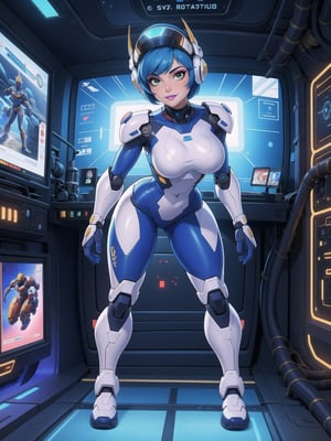 a woman, wearing an all-white mecha suit with blue parts+cybernetic armor+robotic suit, gigantic breasts, wearing a helmet on her head with a visor, blue hair, short hair, mohawk hair, hair with bangs in front of her eyes, looking directly at the viewer, (((sensual pose with interaction and leaning on+object+on something+leaning against))), in a space aircraft, with many machines, large structures, computers, windows, elevators, light pipes, robots, 16K, UHD, unreal engine 5, super metroid, (full body:1.5), quality max, max resolution, ultra-realistic, ultra-detailed, maximum sharpness, perfect_hands, better_hands, more detail,