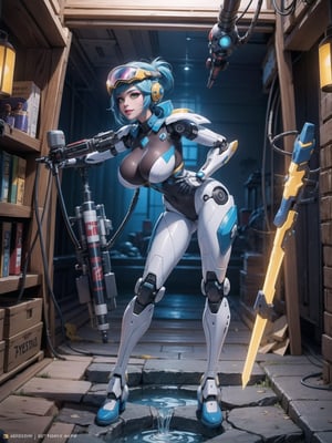 Solo female, ((wearing mecha suit+robotic suit completely white, with blue parts, more yellow lights, suit with attached weapons, gigantic breasts, wearing cybernetic helmet with visor)), mohawk hair, blue hair, messy hair, hair with ponytail, looking directly at the viewer, she is, in a dungeon, with a waterfall, large stone altars, stone structures, machines, robots, large altars of ancient gods, figurines, super metroid, ultra technological, zelda, final fantasy, 16k, UHD, best possible quality, ultra detailed, best possible resolution, Unreal Engine 5, professional photography, ela está, ((Sensual pose with interaction and leaning on anything+object+on something+leaning against)), better_hands , ((full body)), More detail