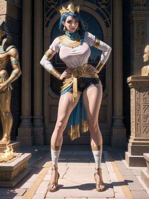 A woman, Egyptian costume with white t-shirt + golden armor, shorts + very short black skirt, brown leather sandals, ((body bandaged with bandages)), very tight costume and stuck to the body. Gigantic breasts, wearing a helmet on her head, very short hair, blue hair, hair with 1+ braids, hair with bangs in front of her eyes. Looking directly at the viewer, at a very ancient Egyptian pyramid, with large stone altars, figurines. Sarcophagi of ancient kings, torches attached to the walls illuminating the place, ancient mirrors, ((sensual pose with interaction and leaning on anything + object+on something + leaning against)) + present in a very ancient Egyptian pyramid, ((Ancient Egypt, Sahara Desert)), 16K, UHD, Unreal Engine 5, (full body:1.5), quality max, max resolution, ultra-realistic, maximum sharpness, More detail, perfect_legs, perfect_thighs, perfect_feet, perfect_hands, better_hands