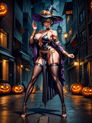 1woman, wearing black witch outfit with golden bands, extremely tight and erotic clothing, absurdly giant breasts, green hair, mohawk hair, extremely short hair, hair with bangs in front of the eyes, black witch hat on the head, looking at the viewer, (((erotic pose interacting and leaning on something))), in a city having party with large structures,  large structures, pumpkins, lamps illuminating the city, macabre city background having halloween party by night, ((full body):1.5), 16k, UHD, best possible quality, ((ultra detailed):1), best possible resolution, Unreal Engine 5, professional photography, perfect_hands