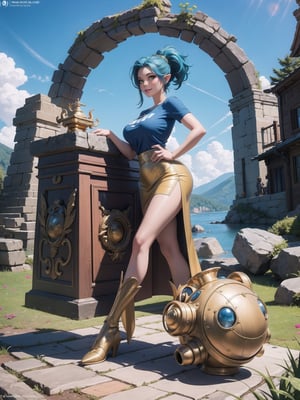 Solo woman, warrior outfit+blue T-shirt with Golden parts, short white skirt with Golden props, gigantic breasts, mohawk hair, blue hair, messy hair, hair with ponytail, looking directly at the viewer, she is, on a mountain, with many monsters, robots, large ancient machines, many stones, 1water, large pillars, stone altars, zelda tears of the kingdom, 16K, UHD, best possible quality, ultra detailed, best possible resolution, Unreal Engine 5, professional photography, she is, (((iInteracting and leaning on anything+object+on something+leaning against+sensual pose))), better_hands, ((full body)), More detail