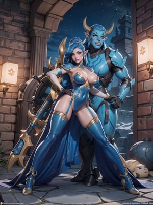 Solo woman, ((mecha costume all white, parts in blue, lights in yellow, costume very tight on the body, gigantic breasts)), mohawk hair, blue hair, messy hair, hair with ponytail, looking directly at the viewer, she is, in a very old dungeon at the top of the mountains at night, with many altars, slimes, large weapons, metal Golems, heavy weapons, large stones, scaly monsters, ((super metroid, ultra technological, warcraft, zelda breath of the wild)), 16K, UHD, best possible quality, ultra detailed, best possible resolution, Unreal Engine 5, super metroid, professional photography, she is, (((Sensual pose with interaction and leaning on anything+object+on something+leaning against))), better_hands, More detail, ((full body))