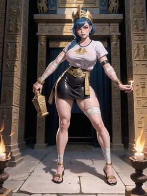 Solo+A woman, Egyptian costume with white t-shirt + golden armor, shorts + very short black skirt, brown leather sandals, ((body bandaged with bandages)), very tight costume and stuck to the body. Gigantic breasts, wearing a helmet on her head, very short hair, blue hair, hair with 1+ braids, hair with bangs in front of her eyes. Looking directly at the viewer, in a Egyptian pyramid, with large stone altars, figurines. Sarcophagi of ancient kings, torches attached to the walls illuminating the place, ancient mirrors, ((sensual pose with interaction and leaning on anything + object+on something + leaning against)) + present in a Egyptian pyramid, ((Ancient Egypt)), 16K, UHD, Unreal Engine 5, (full body:1.5), quality max, max resolution, ultra-realistic, maximum sharpness, More detail, perfect_legs, perfect_thighs, perfect_feet, perfect_hands, better_hands
