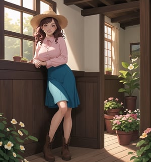 A masterpiece with realistic and adventure styles, rendered in ultra-detailed 4K. | A 30-year-old woman with pink and blue, wavy and curly hair is wearing a pink linen blouse, a blue linen dress and a pink linen skirt. She also wears brown leather boots and a straw hat. She has red eyes, and is smiling and showing her teeth, wearing red lipstick, looking directly at the viewer. She is in a farmhouse, a cozy, rural place with red brick walls, wooden windows, a cellar covered in vines, and a garden full of colorful flowers. Sunlight enters through the windows, illuminating the room and creating a warm and cozy atmosphere. The atmosphere is tranquil and peaceful, with the sound of birds chirping and the gentle wind passing through the trees. | The image highlights the figure of the woman and the rural setting. Sunlight highlights the details of the farmhouse and the natural elements of the garden. | Soft, dramatic lighting effects create a warm, cozy atmosphere, while detailed textures on clothing, skin, and natural elements add realism to the image. | A 30-year-old woman in a warm, rural setting, exploring themes of adventure, nature and beauty. | (((((The image reveals a full-body shot as she assumes a sensual pose, engagingly leaning against a structure within the scene in an exciting manner. She takes on a sensual pose as she interacts, boldly leaning on a structure, leaning back in an exciting way.))))). | ((full-body shot)), ((perfect pose)), ((perfect fingers, better hands, perfect hands)), ((perfect legs, perfect feet)), ((huge breasts)), ((perfect design)), ((perfect composition)), ((very detailed scene, very detailed background, perfect layout, correct imperfections)), More Detail, Enhance