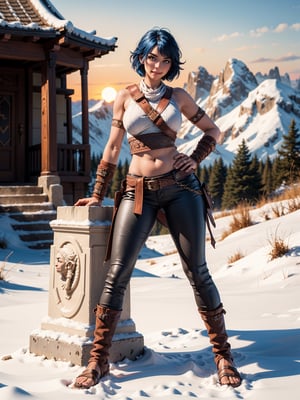 A woman, wearing a warrior's costume made of dark brown leather, white T-shirt, long black leather pants, leather sandals, ((gigantic breasts)), blue hair, very short hair, mohawk hair, hair with bangs in front of the eyes, looking at the viewer, (([pose with interaction and leaning on something|pose with interaction and leaning on a large object])), in a spartan temple with structures, statues, large altars, background of snowy mountains with a beautiful sunset, ((full body):1.5), 16k, UHD, best possible quality, ultra detailed, best possible resolution, Unreal Engine 5, professional photography, well-detailed fingers, well-detailed hand, perfect_hands, perfect, ((god of war))
