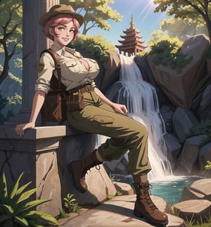 An ultra-detailed 16K masterpiece with adventure and fantasy styles, rendered in ultra-high resolution with realistic details. | A young 23-year-old woman with huge breasts wearing an archaeologist outfit consisting of a khaki shirt, beige cargo pants, brown hiking boots, a brown explorer's hat, a utility belt with digging tools, and a leather backpack brown. Her short pink hair, with a modern and stylish cut, has shiny highlights that reflect the sunlight. Its yellow eyes look at the viewer with a seductive expression, smiling and showing its teeth, with a reddened face. Located in an ancient temple with a waterfall in the background and rocks around. Sunlight filters through the trees, creating a magical atmosphere. Stone structures, marble columns and ancient sculptures adorn the scene. | The image highlights the imposing figure of the young archaeologist and the architectural elements of the temple. The stone structures, marble columns and ancient sculptures, along with the archaeologist, waterfall, rocks and sunlight, create a magical and adventurous environment. The sun's rays filtering through the trees create dramatic shadows and highlight the details of the scene. | Soft, natural lighting effects create a relaxing and mysterious atmosphere, while detailed textures on structures and costumes add realism to the image. | A relaxing and adventurous scene of a young archaeologist in an ancient temple, fusing elements of adventure and fantasy. |(((The image reveals a full-body shot as the young woman assumes a sensual pose, engagingly leaning against a structure within the scene in an exciting manner. She takes on a sensual pose as she interacts, boldly leaning on a structure, leaning back and boldly throwing herself onto the structure, reclining back in an exhilarating way.))). | ((((full-body shot)))), ((perfect pose)), ((perfect arms):1.2), ((perfect limbs, perfect fingers, better hands, perfect hands, hands)), ((perfect legs, perfect feet):1.2), the young woman has (((perfect breasts, firm breasts, saggy breasts, huge breasts))), ((perfect design)), ((perfect composition)), ((very detailed scene, very detailed background, perfect layout, correct imperfections)), Enhance, Ultra details, More Detail, ((poakl))