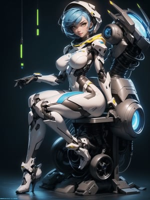 A woman, wearing mecha suit+robotic suit+cyber suit, white+parts in blue+yellow lights, costume very tight on the body, ((gigantic breasts, hood), blue hair, very short hair, hair with bangs in front of the eyes, is looking at the viewer, (((sensual pose with interaction and leaning on anything+object+leaning against))) in an alien dungeon, with futuristic machines, computers on the walls, control panels, teleportation with interdimensional portal, slimes, aliens with cybernetic armor, ((full body):1.5), 16K, UHD, maximum quality, maximum resolution, ultra-realistic, ultra-detailed, ((perfect_hands):0.8), Furtastic_Detailer, Goodhands-beta2, 
