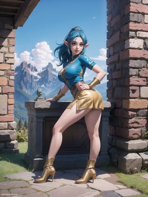 Solo woman, blue T-shirt with Golden parts, short white skirt with Golden props, ((Hyrule warrior costume)), gigantic breasts, mohawk hair, blue hair, messy hair, hair with ponytail, looking directly at the viewer, she is, on a mountain, with many monsters, robots, large ancient machines, many stones, 1water, large pillars, stone altars, zelda tears of the kingdom, 16K, UHD, best possible quality, ultra detailed, best possible resolution, Unreal Engine 5, professional photography, she is, (((iInteracting and leaning on anything+object+on something+leaning against+sensual pose))), better_hands, ((full body)), More detail