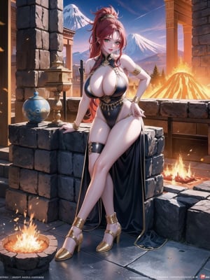 Solo woman, wearing all black Spartan warrior costume with gold bands, black thong with gold bands, very tight and short costume, gigantic breasts, wearing helmet, mohawk hair, red hair, messy hair, hair with ponytail, looking directly at the viewer, she is in an ancient temple on a volcano, lava rivers, large stones, many altars, large stone figurines, stone pillars, ancient armaments, God Of War, 16K, UHD, best possible quality, ultra detailed, best possible resolution, Unreal Engine 5, professional photography, ((volcano)), she is, (((iInteracting and leaning on anything+object+on something+leaning against+sensual pose)))+better_hands, ((full body)), More detail