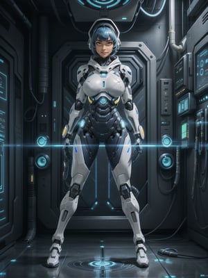 A woman, wearing mecha suit+robotic suit+cyber suit, white+parts in blue+yellow lights, costume very tight on the body, ((gigantic breasts, hood), blue hair, very short hair, hair with bangs in front of the eyes, is looking at the viewer, (((sensual pose with interaction and leaning on anything+object+leaning against))) in an alien dungeon, with futuristic machines, computers on the walls, control panels, teleportation with interdimensional portal, slimes, aliens with cybernetic armor, ((full body):1.5), 16K, UHD, maximum quality, maximum resolution, ultra-realistic, ultra-detailed, Furtastic_Detailer, Goodhands-beta2,