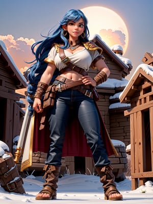A woman, wearing a warrior's costume made of dark brown leather, white T-shirt, long black leather pants, leather sandals, ((gigantic breasts)), blue hair, very short hair, mohawk hair, hair with bangs in front of the eyes, looking at the viewer, (([pose with interaction and leaning on something|pose with interaction and leaning on a large object])), in a spartan temple with structures, statues, large altars, background of snowy mountains with a beautiful sunset, ((full body):1.5), 16k, UHD, best possible quality, ultra detailed, best possible resolution, Unreal Engine 5, professional photography, well-detailed fingers, well-detailed hand, perfect_hands, perfect, ((god of war))