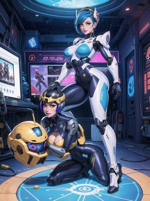 a woman, wearing an all-white mecha suit with blue parts+cybernetic armor+robotic suit, gigantic breasts, wearing a helmet on her head with a visor, blue hair, short hair, mohawk hair, hair with bangs in front of her eyes, (((looking directly at the viewer, sensual pose + Interacting + leaning on anything + object + leaning against))) + in a space aircraft, with many machines, large structures, computers, windows, elevators, light pipes, robots, 16K, UHD, (full body:1.5), unreal engine 5, super metroid, mecha, quality max, max resolution, ultra-realistic, ultra-detailed, maximum sharpness, perfect_hands, better_hands, more detail,