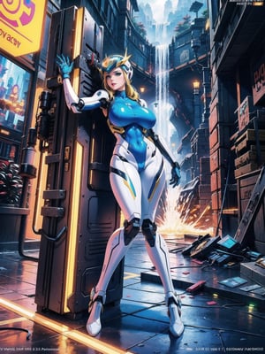 Solo female, ((wearing mecha suit+robotic suit completely white, with blue parts, more yellow lights, suit with attached weapons, gigantic breasts, wearing cybernetic helmet with visor)), mohawk hair, blue hair, messy hair, hair with ponytail, looking directly at the viewer, she is, in a dungeon, with a waterfall, large stone altars, stone structures, machines, robots, large altars of ancient gods, figurines, Super Metroid, ultra technological, Zelda, Final Fantasy, worldofwarcraft, (full body:1.5), 16K, UHD, Unreal Engine 5, quality max, max resolution, maximum sharpness, (((sensual pose with interaction and leaning on anything+object+on something+leaning against))) + ((perfect_thighs, perfect_legs, perfect_feet)), better_hands, More detail, 