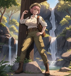 An ultra-detailed 16K masterpiece with adventure and fantasy styles, rendered in ultra-high resolution with realistic details. | A young 23-year-old woman with huge breasts wearing an archaeologist outfit consisting of a khaki shirt, beige cargo pants, brown hiking boots, a brown explorer's hat, a utility belt with digging tools, and a leather backpack brown. Her short pink hair, with a modern and stylish cut, has shiny highlights that reflect the sunlight. Its yellow eyes look at the viewer with a seductive expression, smiling and showing its teeth, with a reddened face. Located in an ancient temple with a waterfall in the background and rocks around. Sunlight filters through the trees, creating a magical atmosphere. Stone structures, marble columns and ancient sculptures adorn the scene. | The image highlights the imposing figure of the young archaeologist and the architectural elements of the temple. The stone structures, marble columns and ancient sculptures, along with the archaeologist, waterfall, rocks and sunlight, create a magical and adventurous environment. The sun's rays filtering through the trees create dramatic shadows and highlight the details of the scene. | Soft, natural lighting effects create a relaxing and mysterious atmosphere, while detailed textures on structures and costumes add realism to the image. | A relaxing and adventurous scene of a young archaeologist in an ancient temple, fusing elements of adventure and fantasy. |(((The image reveals a full-body shot as the young woman assumes a sensual pose, engagingly leaning against a structure within the scene in an exciting manner. She takes on a sensual pose as she interacts, boldly leaning on a structure, leaning back and boldly throwing herself onto the structure, reclining back in an exhilarating way.))). | ((((full-body shot)))), ((perfect pose)), ((perfect arms):1.2), ((perfect limbs, perfect fingers, better hands, perfect hands, hands)), ((perfect legs, perfect feet):1.2), the young woman has (((perfect breasts, firm breasts, saggy breasts, huge breasts))), ((perfect design)), ((perfect composition)), ((very detailed scene, very detailed background, perfect layout, correct imperfections)), Enhance, Ultra details, More Detail, ((poakl))