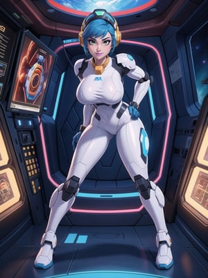 a woman, wearing an all-white mecha suit with blue parts+cybernetic armor+robotic suit, gigantic breasts, wearing a helmet on her head with a visor, blue hair, short hair, mohawk hair, hair with bangs in front of her eyes, looking directly at the viewer, (((sensual pose+Interacting+leaning on anything+object+leaning against))), in a space aircraft, with many machines, large structures, computers, windows, elevators, light pipes, robots, 16K, UHD, (full body:1.5), unreal engine 5, super metroid, quality max, max resolution, ultra-realistic, ultra-detailed, maximum sharpness, perfect_hands, better_hands, more detail,