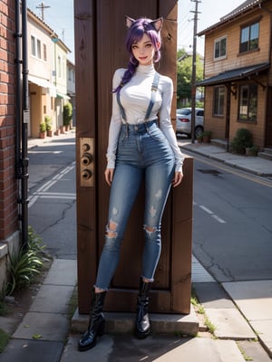 A woman, wearing blue jeans overalls, white t-shirt, leather boots, tight clothes, gigantic breasts, purple hair, short hair with a ponytail, ((cat ears on her head)), looking at the viewer, ((posing with interaction and leaning on [something|an object])), in front of a brick house with a chair, structures, mailbox, it's daytime, ((full body):1.5), 16k, UHD, best possible quality, ultra detailed, best possible resolution, Unreal Engine 5, professional photography, hand and fingers well done, well-structured fingers and hands, well-detailed fingers, well-detailed hand, perfect_hands, perfect, ((cat woman))