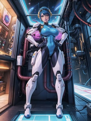 a woman, wearing an all-white mecha suit with blue parts+cybernetic armor+robotic suit, gigantic breasts, wearing a helmet on her head with a visor, blue hair, short hair, mohawk hair, hair with bangs in front of her eyes, ((((looking directly at the viewer, sensual pose + Interacting + leaning on anything + object + leaning against)))), in a space aircraft, with many machines, large structures, computers, windows, elevators, light pipes, robots, 16K, UHD, ((((full body)))), unreal engine 5, super metroid, mecha, quality max, max resolution, ultra-realistic, ultra-detailed, maximum sharpness, perfect_hands, better_hands, more detail,