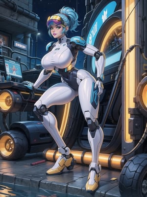 Solo woman, ((wearing mecha suit+all-white robotic suit, with parts in blue, plus yellow lights, suit with attached armaments, gigantic breasts, wearing cybernetic helmet with visor)), mohawk hair, blue hair, messy hair, ponytail hair, looking directly at the viewer, she is, on a mountain, with many monsters, robots, large ancient machines, many stones, 1water, large pillars, stone altars, zelda, super metroid, ultra technological, 16K, UHD, best possible quality, ultra detailed, best possible resolution, Unreal Engine 5, professional photography, she is, (((iInteracting and leaning on anything+object+on something+leaning against+sensual pose)))+better_hands, ((full body)), More detail
