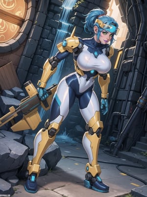 Solo female, ((wearing mecha suit+robotic suit completely white, with blue parts, more yellow lights, suit with attached weapons, gigantic breasts, wearing cybernetic helmet with visor)), mohawk hair, blue hair, messy hair, hair with ponytail, looking directly at the viewer, she is, in a dungeon, with a waterfall, large stone altars, stone structures, machines, robots, large altars of ancient gods, figurines, Super Metroid, ultra technological, Zelda, Final Fantasy, worldofwarcraft, UHD, best possible quality, ultra detailed, best possible resolution, Unreal Engine 5, professional photography, she is (((iInteracting and leaning on anything+object+on something+leaning against+sensual pose))), better_hands, (full body), More detail