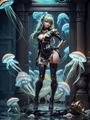 Just one woman, wearing maid costume+mecha suit+cybernetic armor, black with gold parts, very short white skirt, absurdly giant breasts, green hair, very messy hair, hair with bangs in front of the eyes, helmet on the head, looking at the viewer, (((erotic pose interacting and leaning on something))), in an ancient Greek temple, altars, chests of treasure, (several persons turned to stone, ((full body):1.5). 16k, UHD, best possible quality, ((best possible detail):1), best possible resolution, Unreal Engine 5, professional photography, ((jellyfish):1.3)