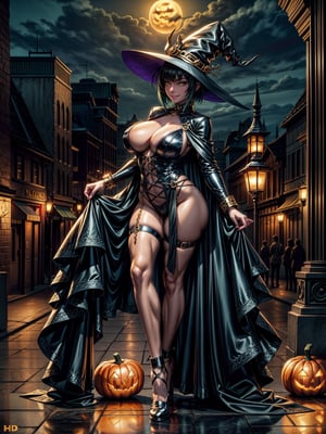 1woman, wearing black witch outfit with golden bands, extremely tight and erotic clothing, absurdly giant breasts, green hair, mohawk hair, extremely short hair, ponytailed hair, hair with bangs in front of the eyes, black witch hat on the head, looking at the viewer, (((erotic pose interacting and leaning on something))), in a city having party,  large structures, pumpkins, lamps illuminating the city, macabre city background having halloween party by night, ((full body):1.5), ((halloween)), 16k, UHD, best possible quality, ((ultra detailed):1), best possible resolution, Unreal Engine 5, professional photography, perfect_hands
