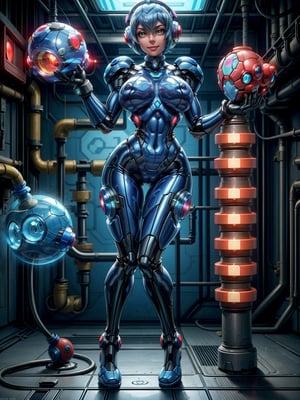 (Just one woman), wearing a blue cybernetic suit with robotic parts, extremely sexual costume, tight and tight, (gigantic breasts), blue hair, very short hair, straight hair, hair with bangs in front of the eyes, cybernetic helmet on the head, looking at the viewer, (((erotic pose interacting and leaning on something))), in a laboratory, with coutadores, machines, robots, running water in transparent pipes,  holes entering lighting, ((full body):1.5), ((Super_Metroid+Megaman)),16k, UHD, best possible quality, ((ultra detailed):1.2), best possible resolution, Unreal Engine 5, professional photography, perfect_hands
