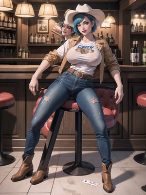 A woman, wearing cowboy costume + leather jacket + white T-shirt, long leather pants, gigantic breasts, (wearing white cowboy hat with a feather attached), very short hair, blue hair, mohawk hair, hair with bangs in front of eyes, (looking at the viewer), (((erotic pose with interaction and leaning on anything + object + on something + leaning against))) + in a bar in the Western The Night, with tables, chairs, drinks rack, many people sitting drinking, people playing cards, people fucking, piano,, 16K, UHD, ((cowboy, old Western)), (full body:1.5), quality max, max resolution, ultra-realistic, maximum sharpness, More detail, perfect_hands, better_hands,
