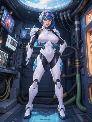 a woman, wearing an all-white mecha suit with blue parts+cybernetic armor+robotic suit, gigantic breasts, wearing a helmet on her head with a visor, blue hair, short hair, mohawk hair, hair with bangs in front of her eyes, (((looking directly at the viewer, sensual pose + Interacting + leaning on anything + object + leaning against))) + in a space aircraft, with many machines, large structures, computers, windows, elevators, light pipes, robots, 16K, UHD, (full body:1.5), unreal engine 5, super metroid, mecha, quality max, max resolution, ultra-realistic, ultra-detailed, maximum sharpness, perfect_hands, better_hands, more detail,