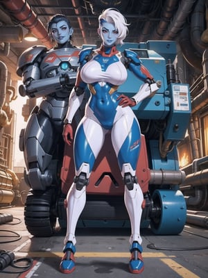 A woman, ((all-white mecha costume with red parts + metallic cybernetic armor with lights, costume covering everything)), very tight suit and stuck to the body. Gigantic breasts, very short hair, white hair, mohawk hair, hair with bangs in front of the eyes. Looking directly at the viewer, in a nuclear power plant, with many radiation machines, computers, large structures, forging machines, loading vehicles. (((sensual pose with interaction and leaning on anything + object+on something + leaning against))) + present in a nuclear power plant, ((nuclear, mecha, robotic limbs)), 16K, UHD, Unreal Engine 5, (full body:1.5), quality max, max resolution, ultra-realistic, maximum sharpness, More detail, perfect_legs, perfect_thighs, perfect_feet, perfect_hands, better_hands. (blue skin)