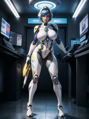 A woman, wearing mecha suit+robotic suit+cybernetizo suit, white+blue parts+yellow lights, very tight costume on the body, ((gigantic breasts, helmet on the head)), blue hair, very short hair, hair with bangs in front of the eyes, is looking at the viewer, (((((sensual pose with interaction and leaning on anything+object+leaning against))))) in an alien dungeon, with futuristic machines, computers on the walls, control panels, slimes, aliens with cybernetic armor, ((full body):1.5), 16k, UHD, maximum quality, maximum resolution, ultra-realistic, ultra-detailed, ((perfect_hands):1) , Furtastic_Detailer, Goodhands-beta2