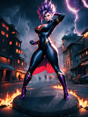 A superheroine woman, wearing black costume with white parts and short embroidered white superheroine skirt, very large breasts, SuperSaiyan, super saiyan, spiked hair, purple hair, short hair, hair with bangs in front of the eyes, (purple aura emanating around the body circling in a tornado shape), looking at the viewer, (((erotic pose interacting and leaning [on something in the environment|on an object]))), in a completely destroyed city, vehicles, large structures, whole city background on fire at night raining hard with dark clouds in the sky, ((full body):1.5), 16k, UHD, best possible quality, ultra detailed, best possible resolution, Unreal Engine 5, professional photography, well-detailed fingers, well-detailed hand, perfect_hands, ((superheroine))