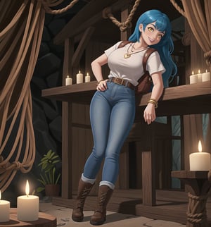 An underground-adventure masterpiece with realistic details, rendered in ultra-high resolution. | A young 22-year-old woman with blue hair and yellow eyes is dressed in an adventurer's outfit. The white t-shirt, jeans and brown leather boots highlight her athletic and agile figure. She also wears a brown backpack, a rope and accessories such as a golden heart pendant and a brown leather bracelet, which demonstrate her determination and adventurous spirit. The young woman smiles at the viewer, showing her white teeth and wearing black lipstick, creating a charming contrast with her strong and pioneering appearance. | The scene takes place in a temple inside a cave, lit by candles spread throughout the room. The concrete, rock, wooden and metal structures create an ancient and mysterious atmosphere. The young woman stands out in the midst of this underground scene, adding a layer of beauty and emotion to the image. | Soft, warm lighting effects create an adventurous mood, while detailed textures on clothing, accessories and set elements add realism to the masterpiece. | An exciting and compelling scene of a young adventurer in a temple inside a cave, exploring themes of adventure, mystery, history and courage. | (((((The image reveals a full-body shot as she assumes a sensual pose, engagingly leaning against a structure within the scene in an exciting manner. She takes on a sensual pose as she interacts, boldly leaning on a structure, leaning back in an exciting way.))))). | ((full-body shot)), ((perfect pose)), ((perfect fingers, better hands, perfect hands)), ((perfect legs, perfect feet)), ((huge breasts)), ((perfect design)), ((perfect composition)), ((very detailed scene, very detailed background, perfect layout, correct imperfections)), More Detail, Enhance, Big