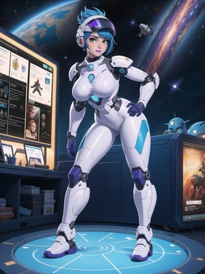 a woman, wearing an all-white mecha suit with blue parts+cybernetic armor+robotic suit, gigantic breasts, wearing a helmet on her head with a visor, blue hair, short hair, mohawk hair, hair with bangs in front of her eyes, looking directly at the viewer, in a space aircraft, with many machines, large structures, computers, windows, elevators, light pipes, robots, ((sensual pose with interaction and leaning on+object+on something+leaning against):1.4), 16K, UHD, unreal engine 5, super metroid, (full body:1.5), quality max, max resolution, ultra-realistic, ultra-detailed, maximum sharpness, perfect_hands, better_hands, more detail,