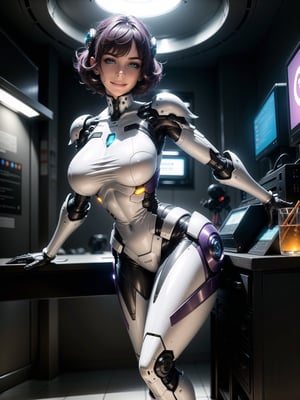 A woman, wearing mecha+armor mecha+robotic armor, white suit with purple parts, very tight and tight suit on the body, gigantic breasts, short hair, blue hair, c hair fastened with fastener, hair with bangs in front of the eyes, hair straight, (((looking at the viewer, sensual pose+Interacting+leaning on anything+object+leaning against))) in a laboratory of scientific experiments,  with many machines, glass reservoirs with alien bodies, many computers, equipment, ((full body)), 16K, UHD, unreal engine 5, quality max, max resolution, ultra-realistic, ultra-detailed, maximum sharpness, ((perfect_hands, perfect_legs)), Goodhands-beta2, ((gigantic breasts, Alien, robotic body, cybernetic armor))